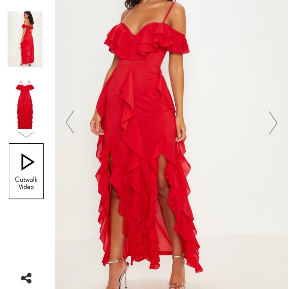 COPY - Pretty Little Thing Red Cold Shoulder Ruffle Detail Maxi Dress - Size 4